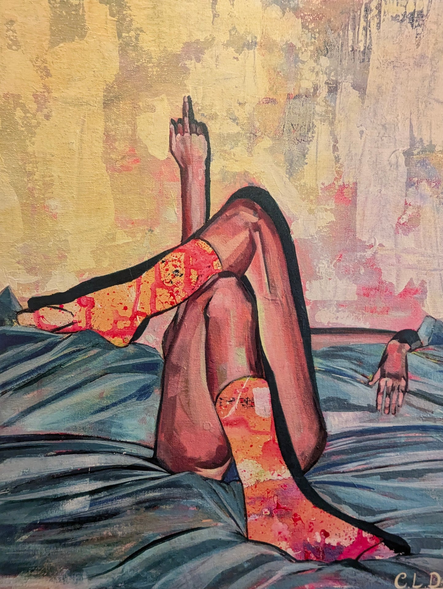 Art print of a colourful abstract scene with a person lying on a bed with colourful socks giving the bird.