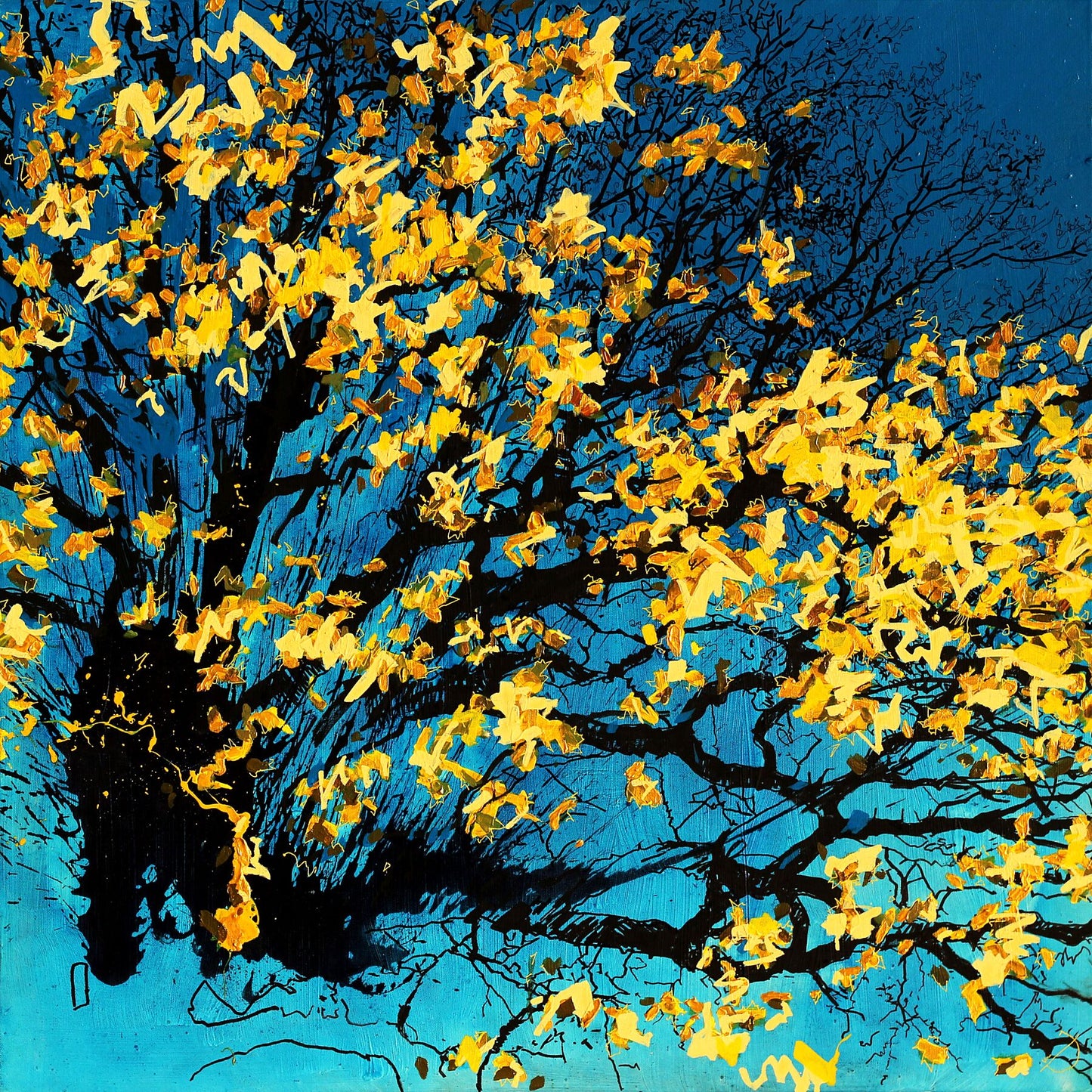 Artistic depiction of a tree with yellow leaves against a blue background