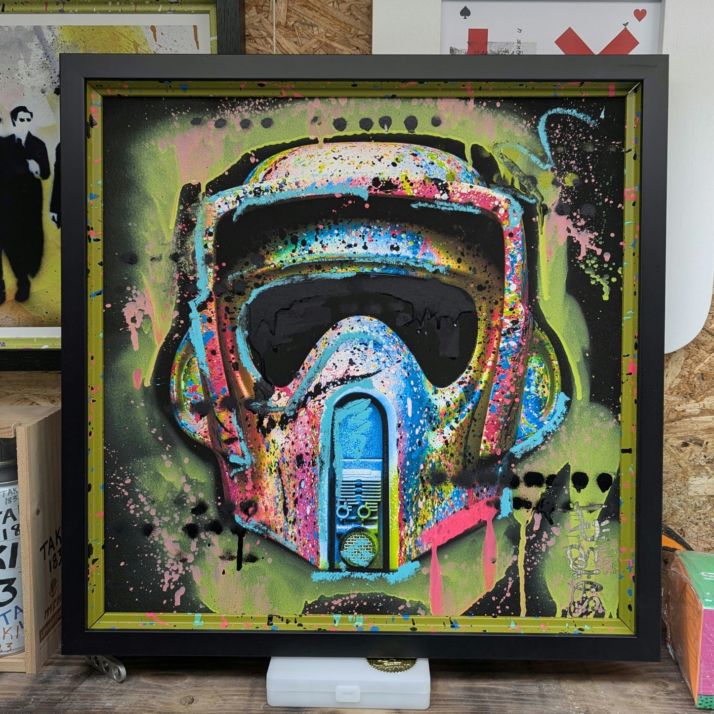 Lp Edits starwars helmet with hand embellished design by Lp edits, the frame has been colour matched to the artwork, artwork is displayed on wooden shelf