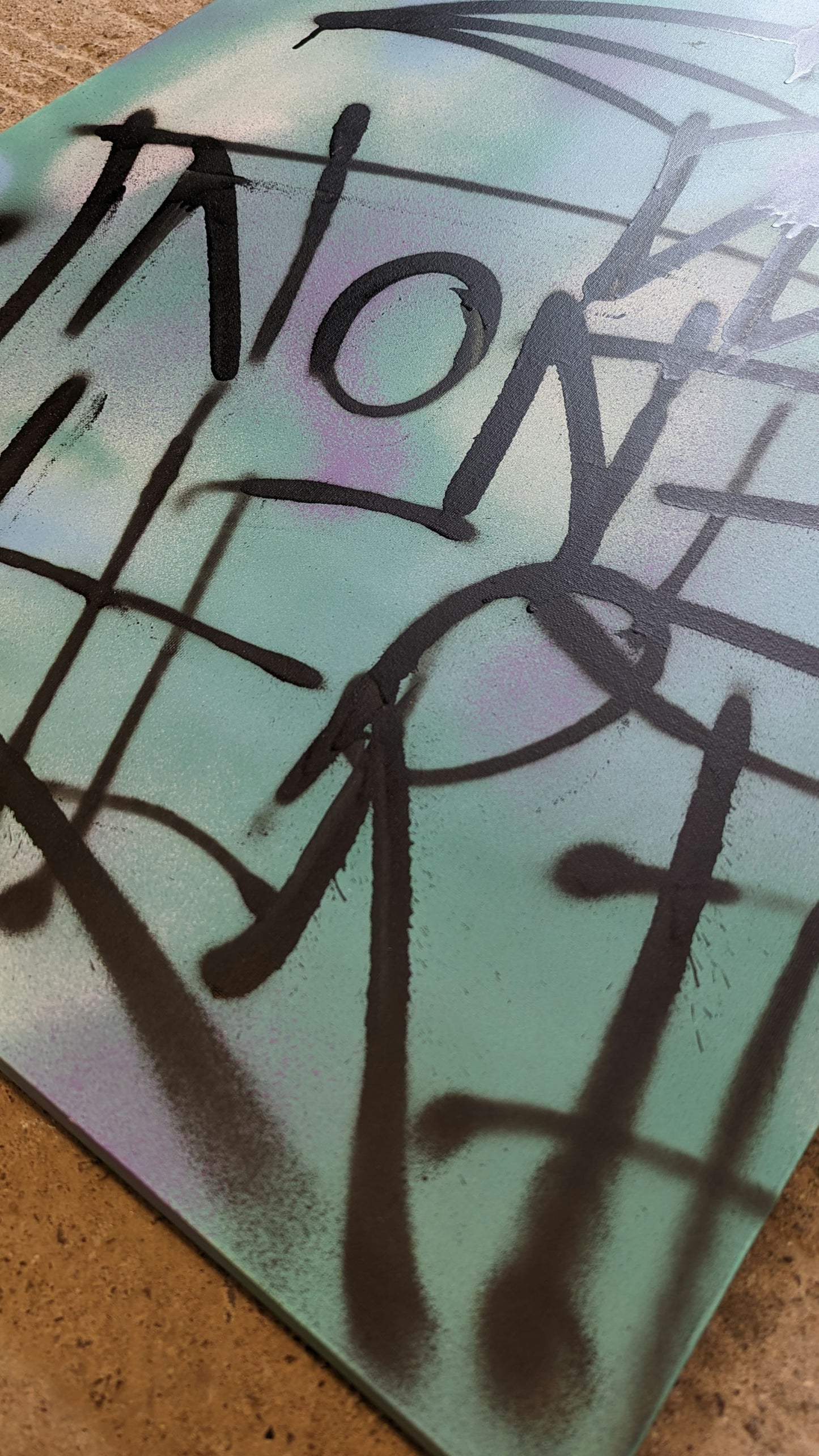 Steve Mccracken Original Canvas Bird doodle with none here tag on purple and teal background, corner of the picture.