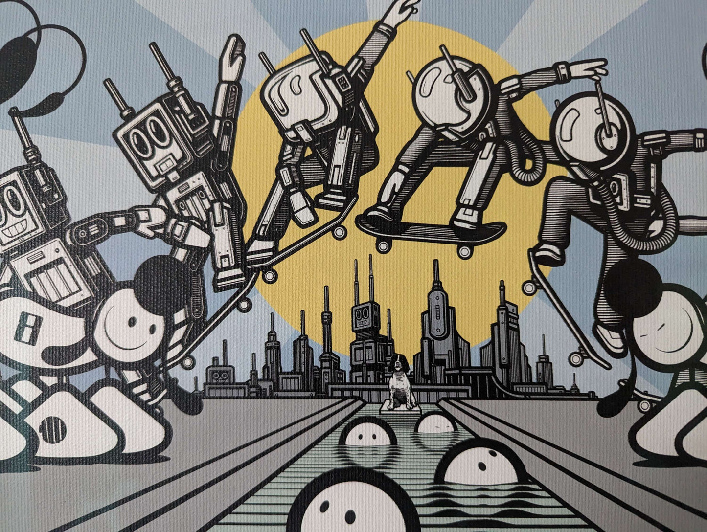 London police white cartoon spray characters lined up in front of a city landscape with a large sun shining while a robot character ollies in front of the sun.