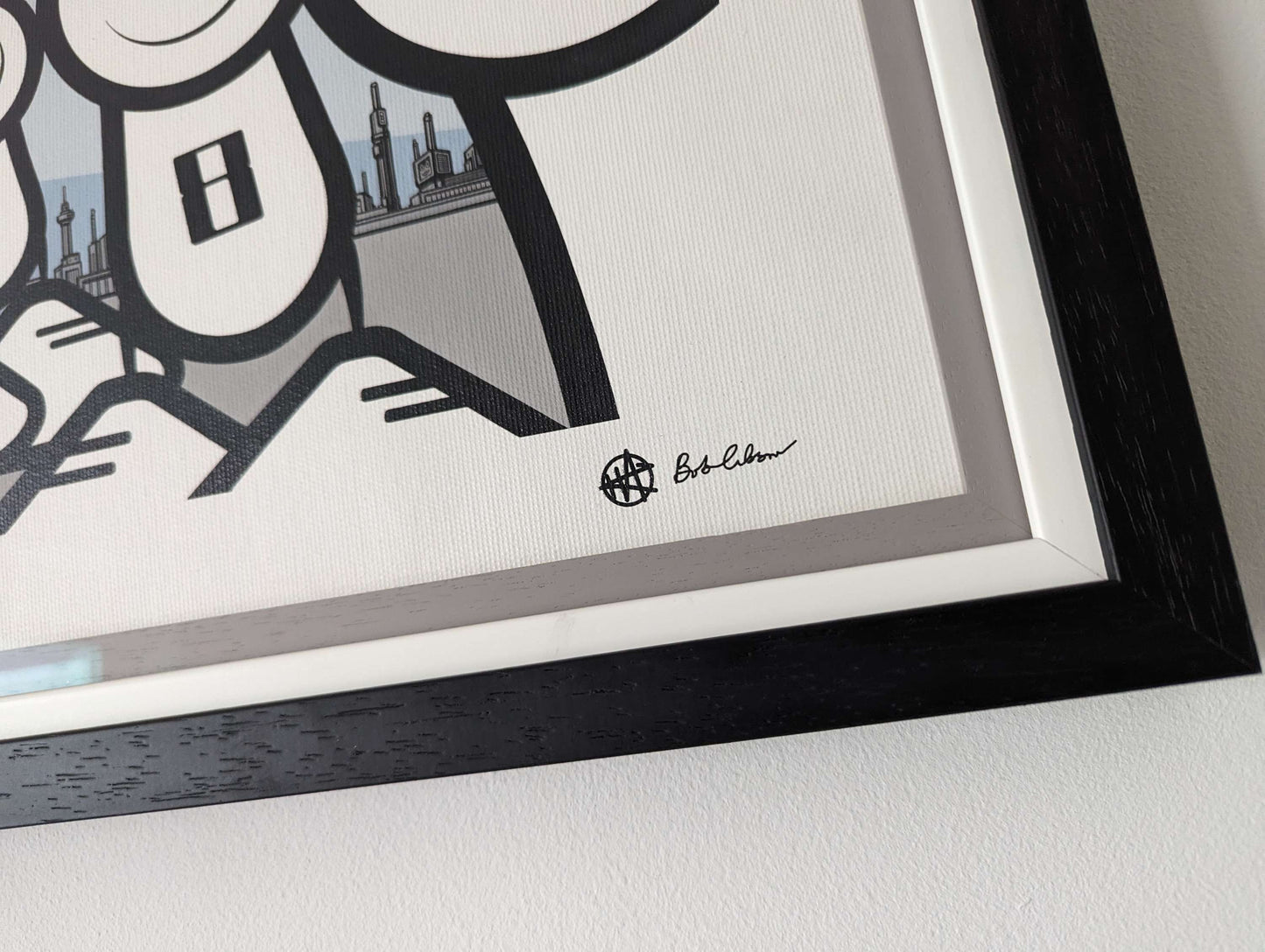 London police canvas print, artwork is framed in a triple frame, outside frame is black, middle white and inside is grey.