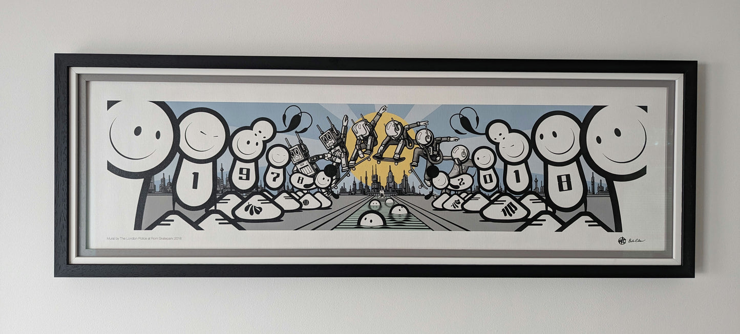 London police white cartoon spray characters lined up in front of a city landscape with a large sun shining while a robot character ollies in front of the sun. artwork is framed in a triple frame, outside frame is black, middle white and inside is grey.