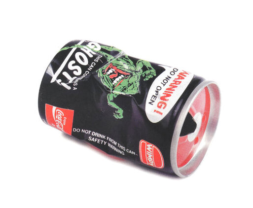 close up of trash prints artwork, coke can with wimpy branding and ghostbusters slimer