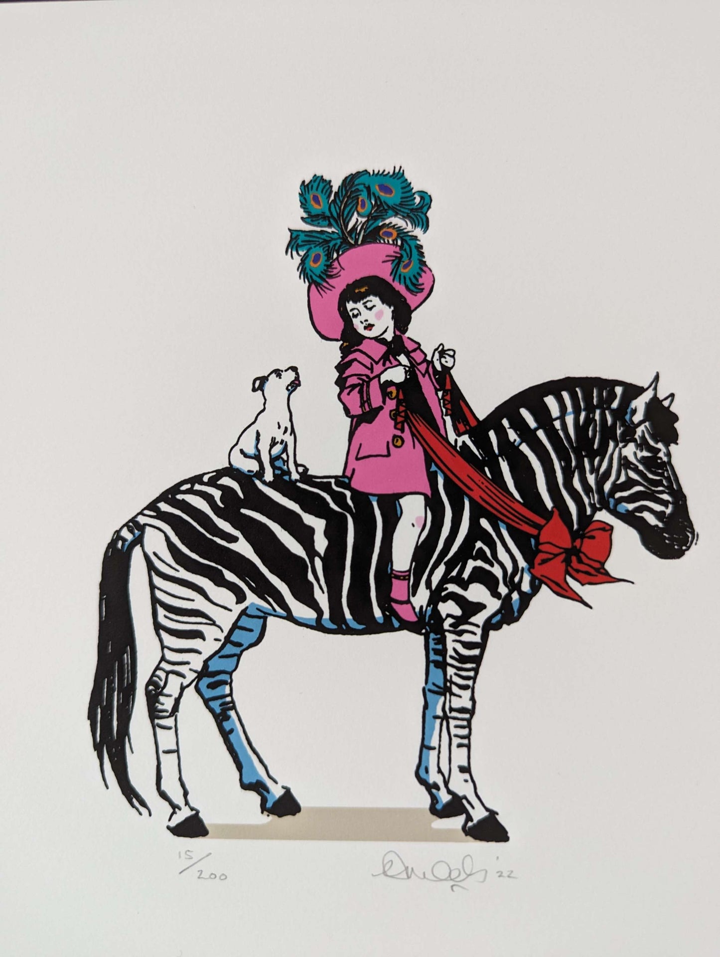 a girl riding a zebra with pink clothes and hat with big feathers, she is looking at her little white dog who is also sat on the zebra all done in a older cartoon style drawing, close up picture with artist signature.
