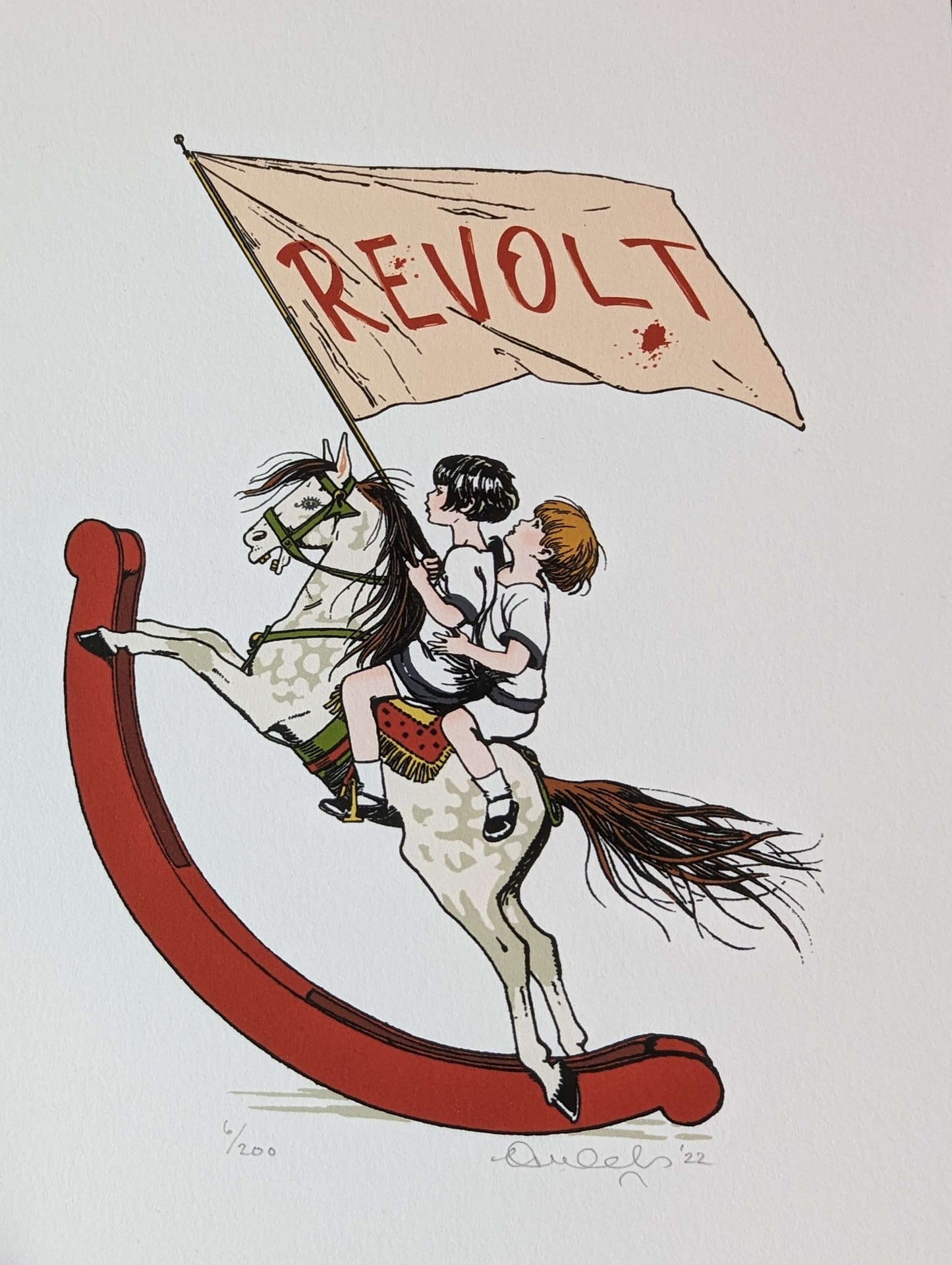ceal warnants colourful artwork, two children riding a rocking horse aggressively holding a large flag with word revolt on it.