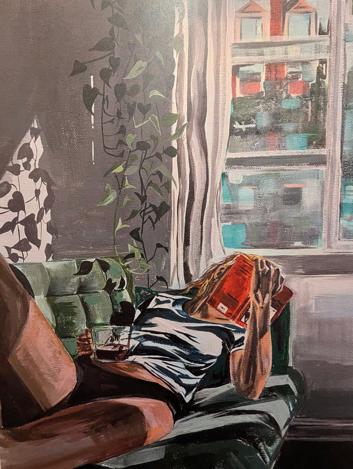 Art print of a living room and woman drinking a jug of wine scene.