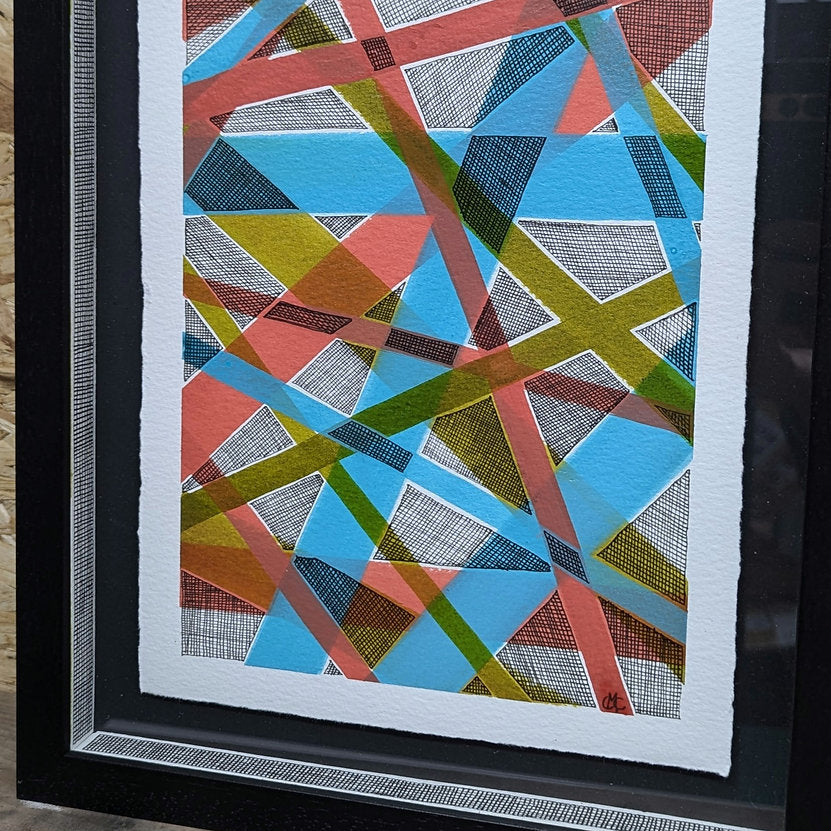 clare capper artwork close up float mounted on black card with matching slips. slips also have lots of black and white erratic lines artwork also colourful line in orange, green and blue.
