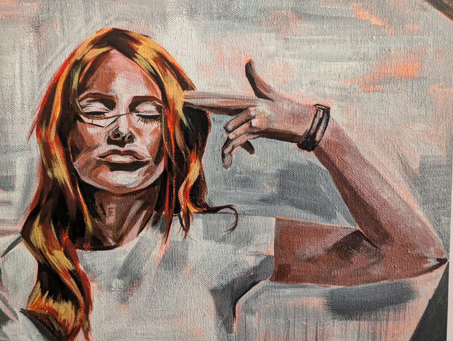 Artistic depiction of a woman with gun hand held to her head.