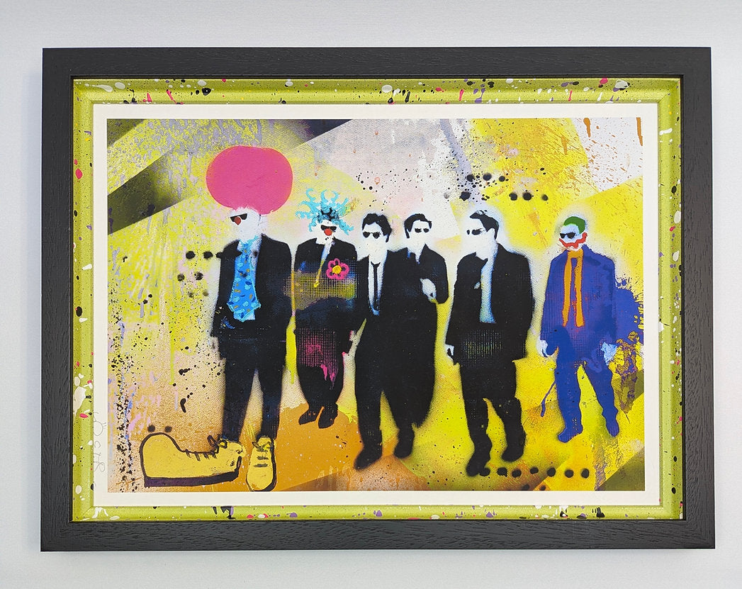 lp edits artwork, mashing up reservoir dogs and clowns in a splatter paint style, background of image is yellow and green, framed in a black frame with wood slips colour matched to the artwork, photo on white background