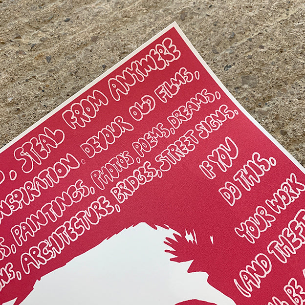 red artwork with white bubble text with inspirational quotes on concrete background