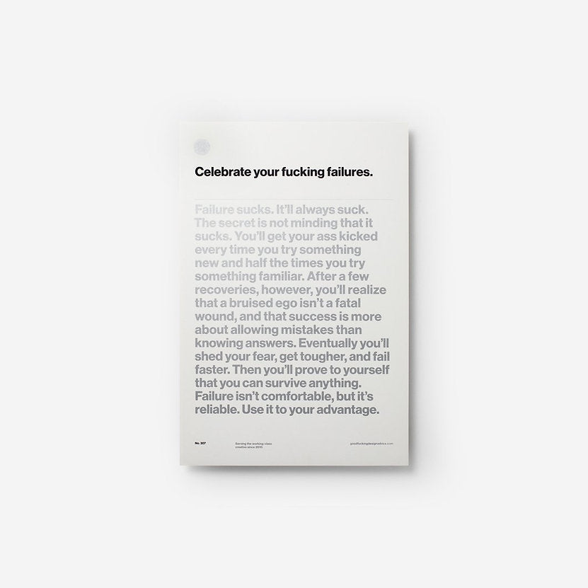 gfda print on white background that states celebrate your fucking failures, silver writing on white paper
