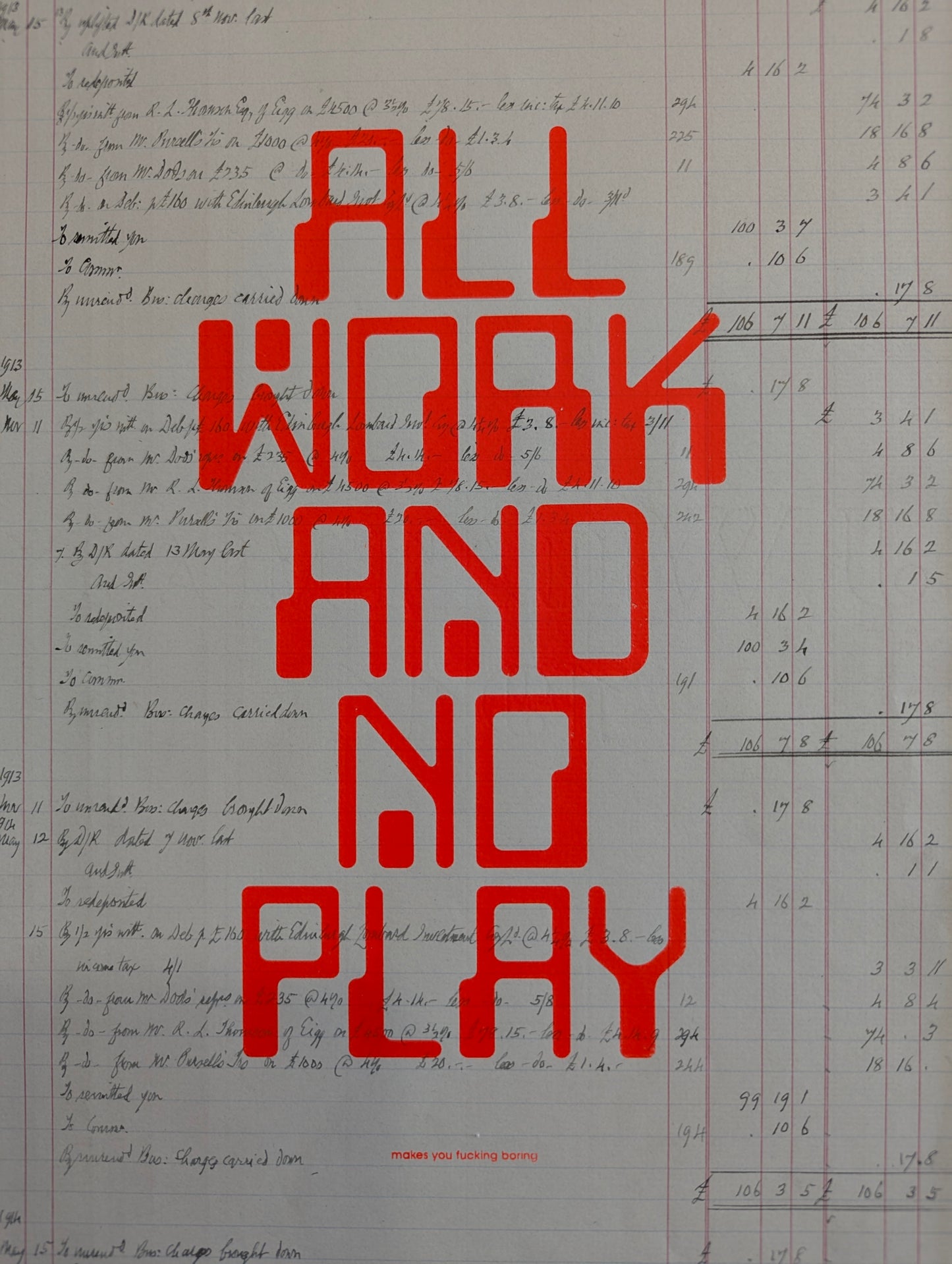 Text 'All Work and No Play' in red on a background of handwritten notes. close up of image.