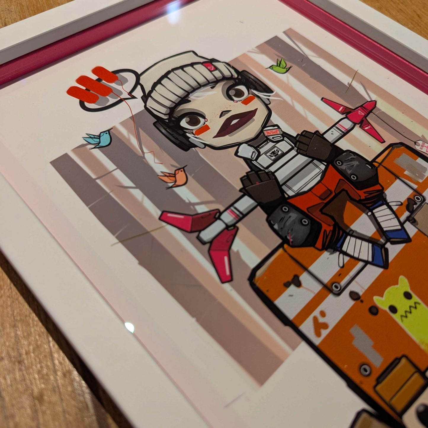 anime character sat on an orange robot holding a rocket, the character is wearing a grey wool hat and has red makeup, picture is at an angle showing the colour slips