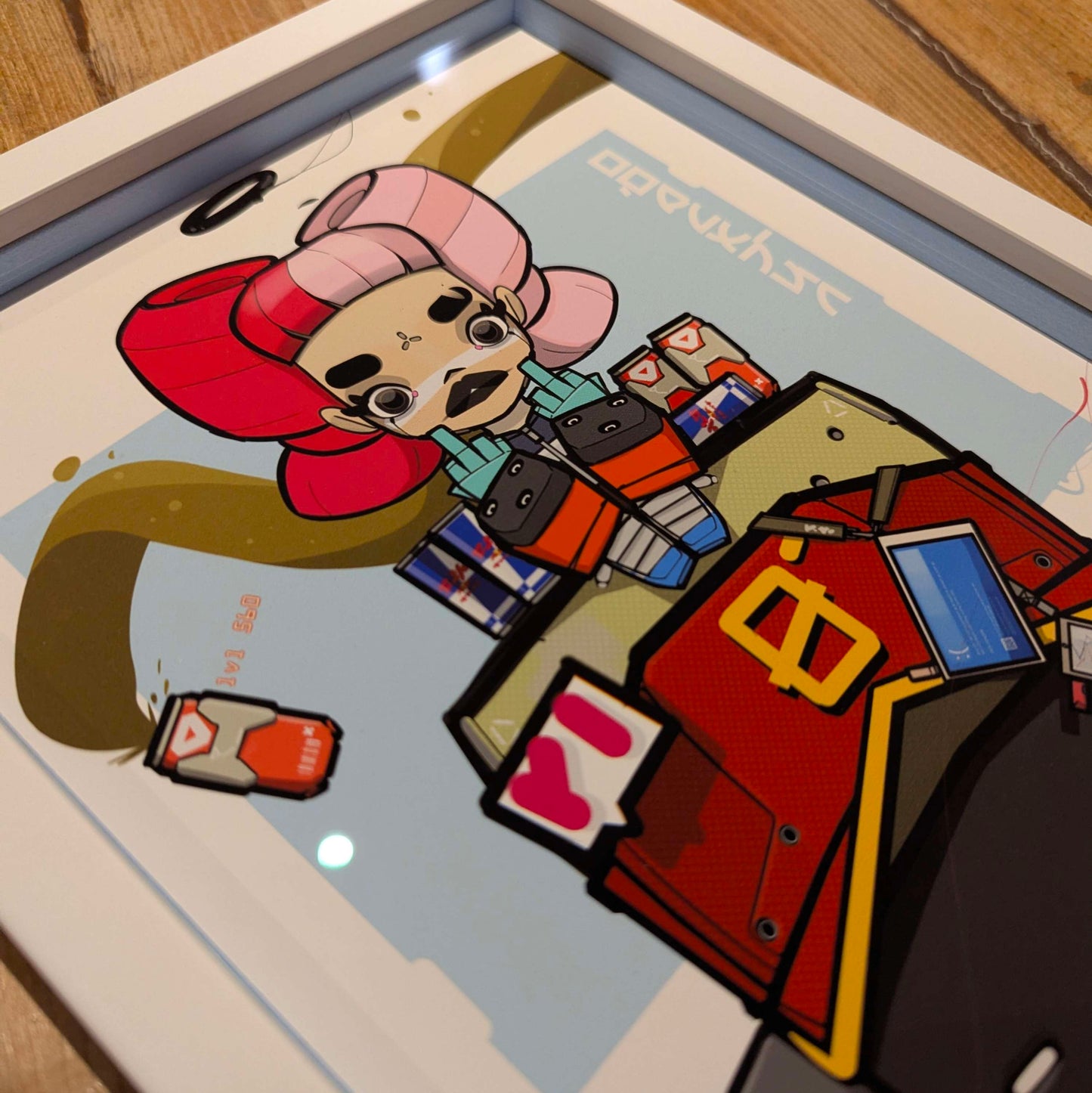 anime character sat on black and red robot, anime character has big red and pink hair, she is also flipping the finger, frame is white with blue slips