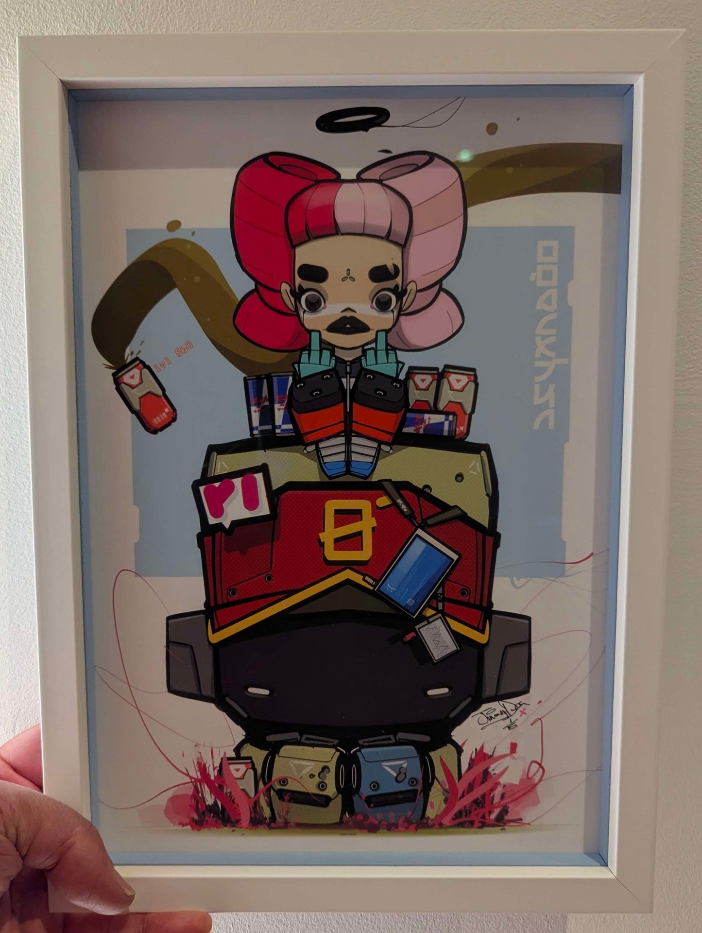 anime character sat on black and red robot, anime character has big red and pink hair, she is also flipping the finger, frame is white with blue slips, frame is being held in the hand