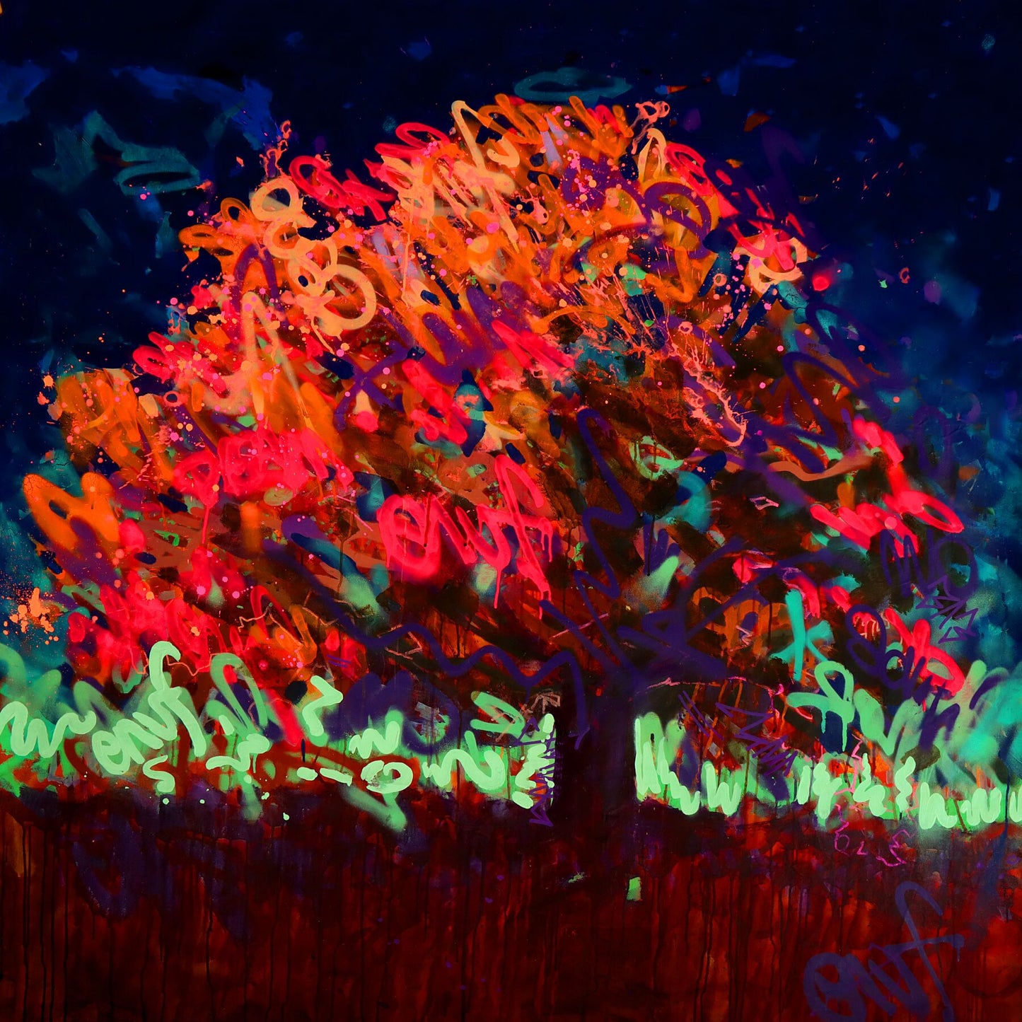 Colorful abstract painting with vibrant orange, red, green, and blue hues on a dark background.