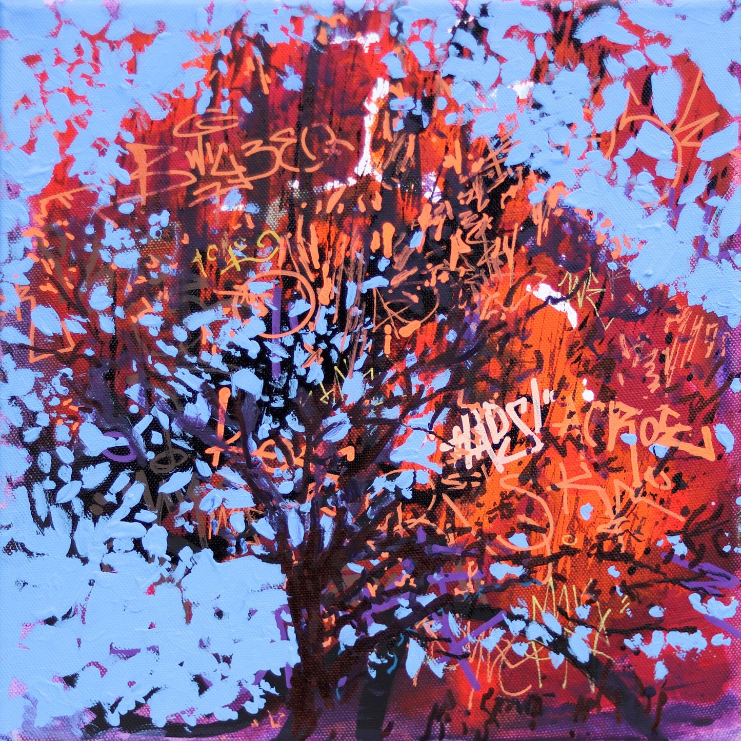 Abstract artwork with a tree-like design on a blue background