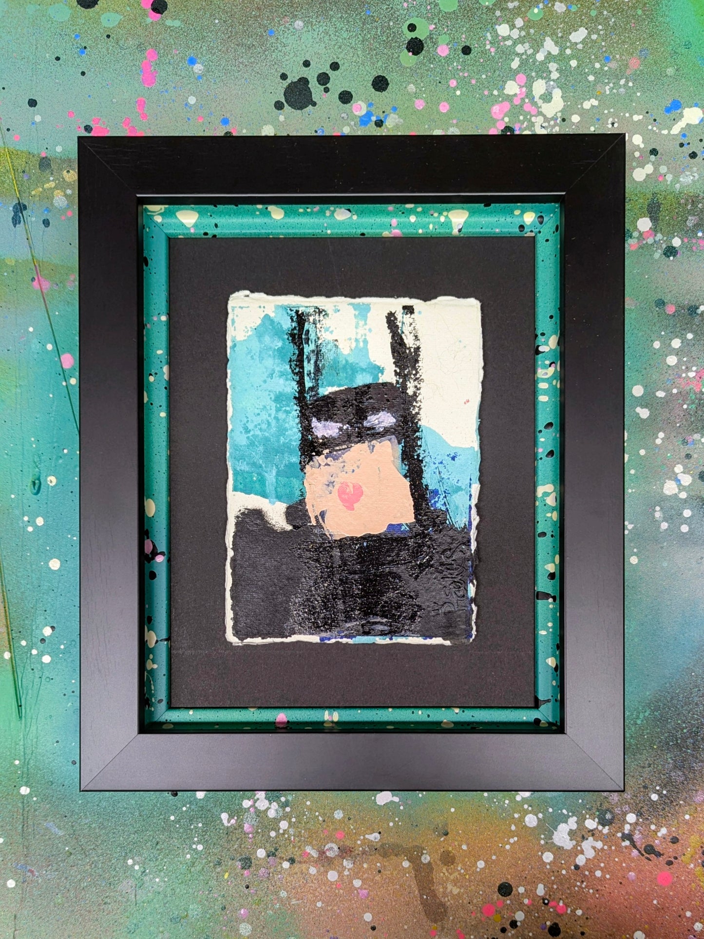 Framed abstract batman artwork with a colourful splatter background