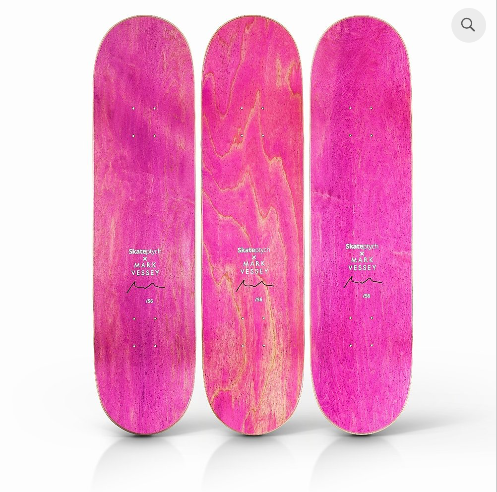 MARK VESSEY 'PLAYBOY' SKATEBOARD DECKS showing the top of the boards the wood is tinted pink