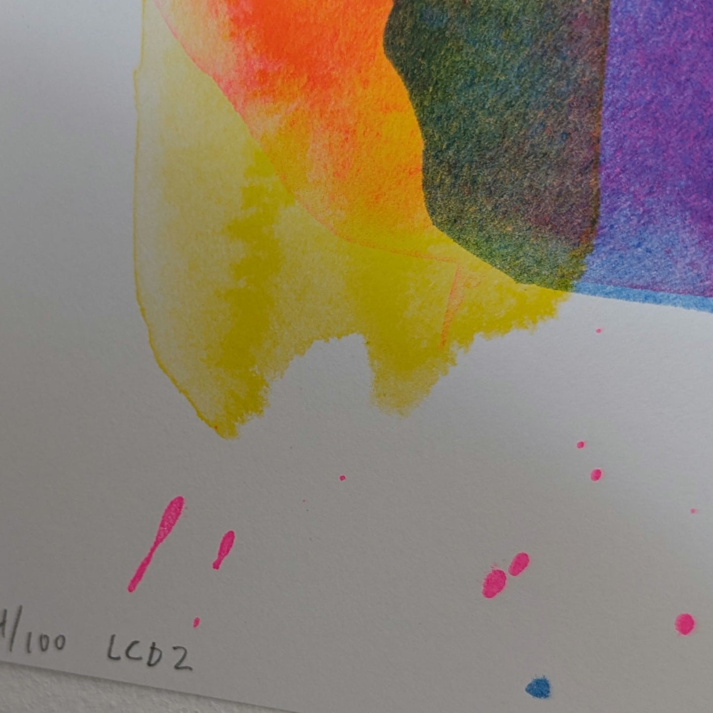Colorful watercolor splashes on a white background with text and numbers.