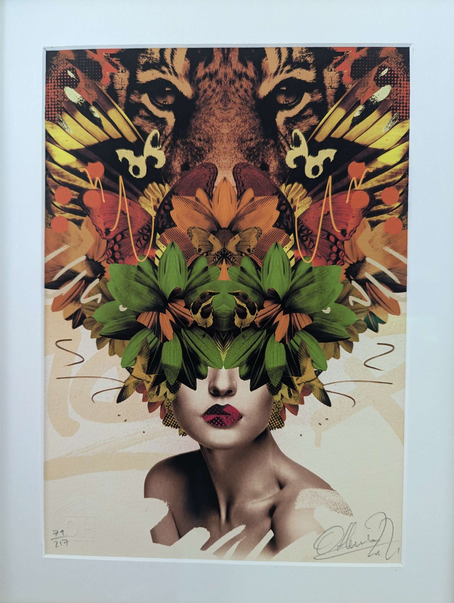olly howe artwork, the artwork is a collage style a womans face but her eyes and head are leaves and a tiger face.