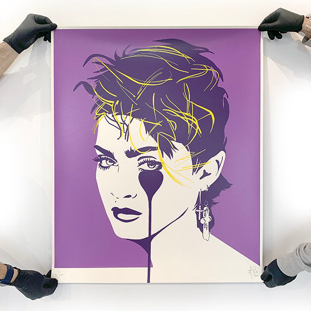 pure evil artwork, madonna portrait of lucky star on a purple back ground, artwork has tear drop coming from eye, hair has yellow highlights, picture is being held by two people wearing black gloves