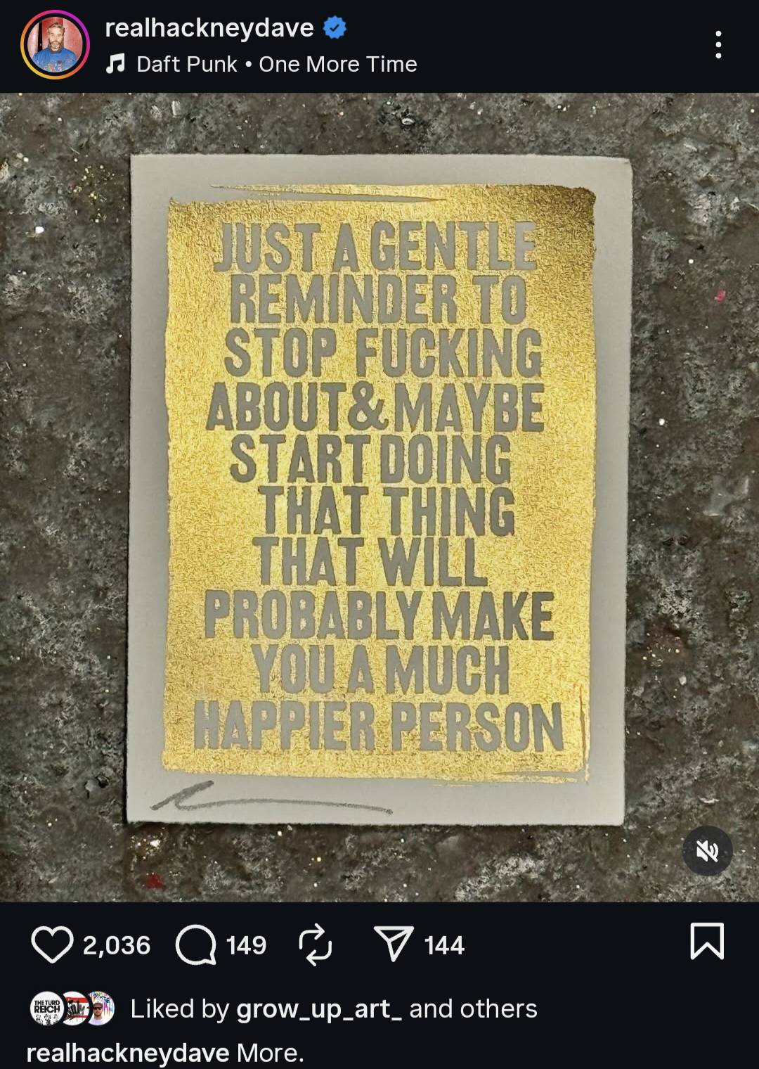 gold leaf with text on a textured surface, snapshot of instagram page with likes showing