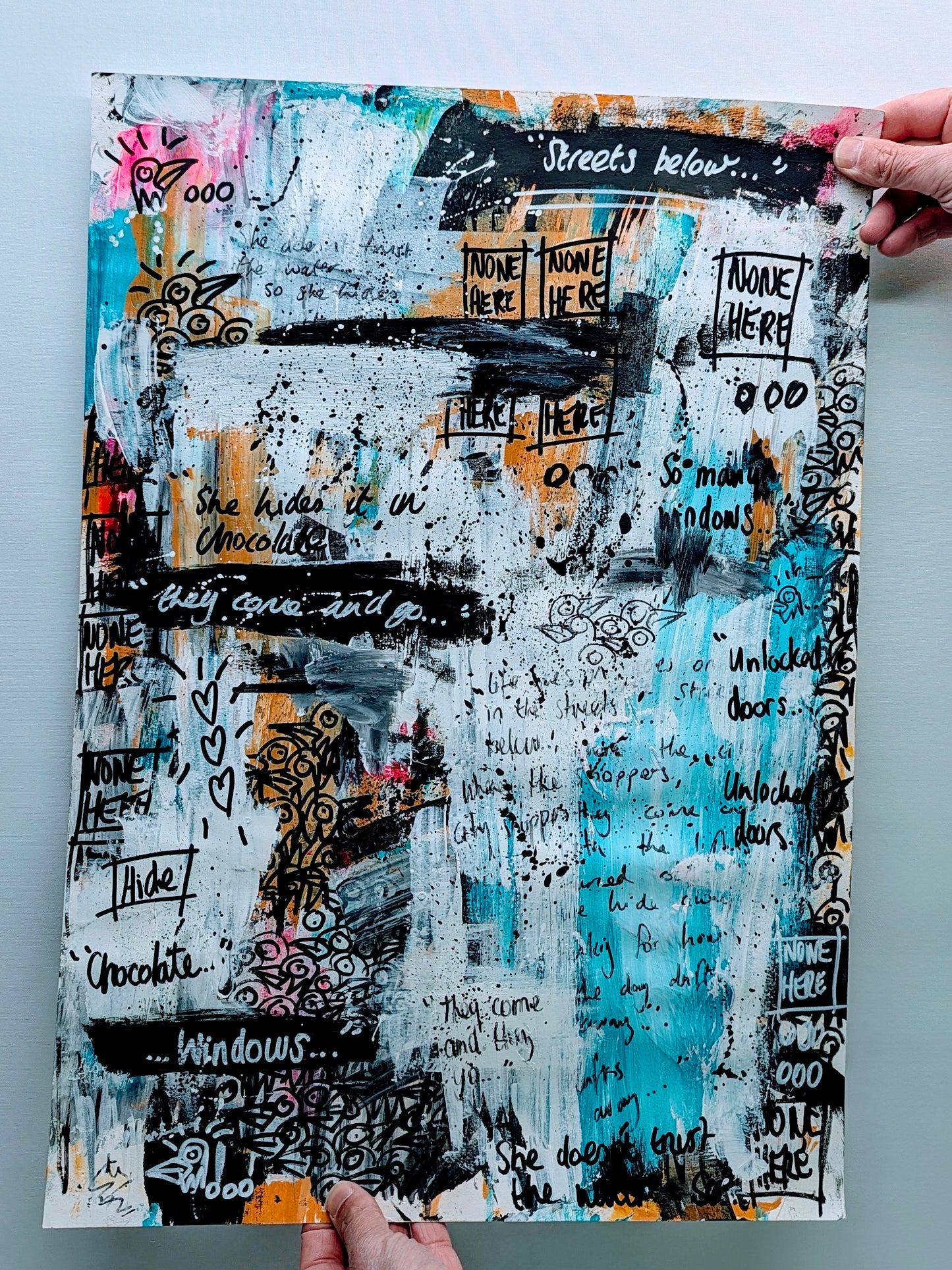 none here artwork tagged back street scene, with doodles of birds and text, text like "they come and go" and "she hides it in chocolate. background is white.
