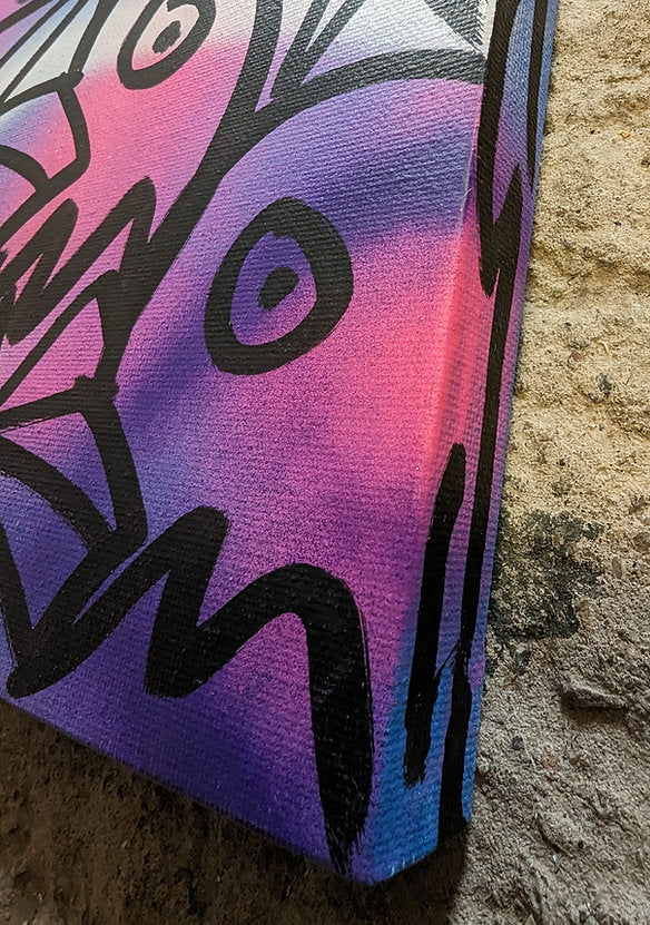 corner of canvas showing artwork also goes down the side of canvas, Steve McCracken black doodle birds on canavs, canvas is shades of purple and pink, canvas is displayed on concrete background