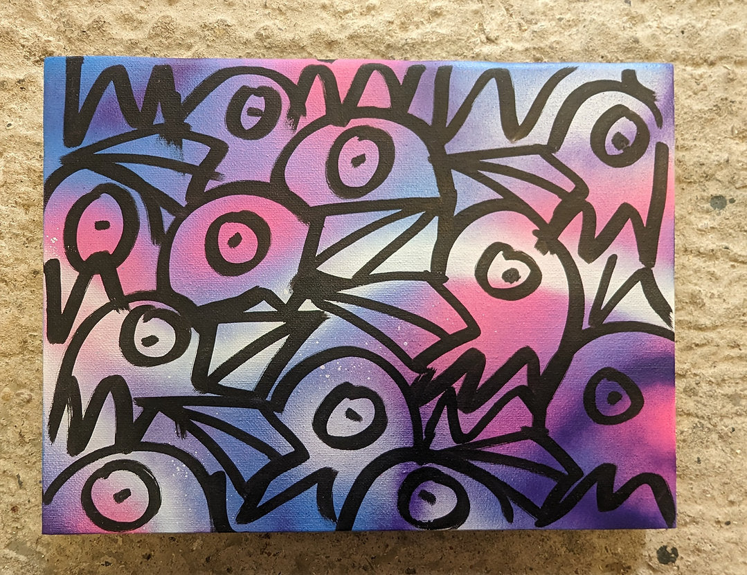 Steve McCracken black doodle birds on canvas, canvas is shades of purple and pink, canvas is displayed on concrete background