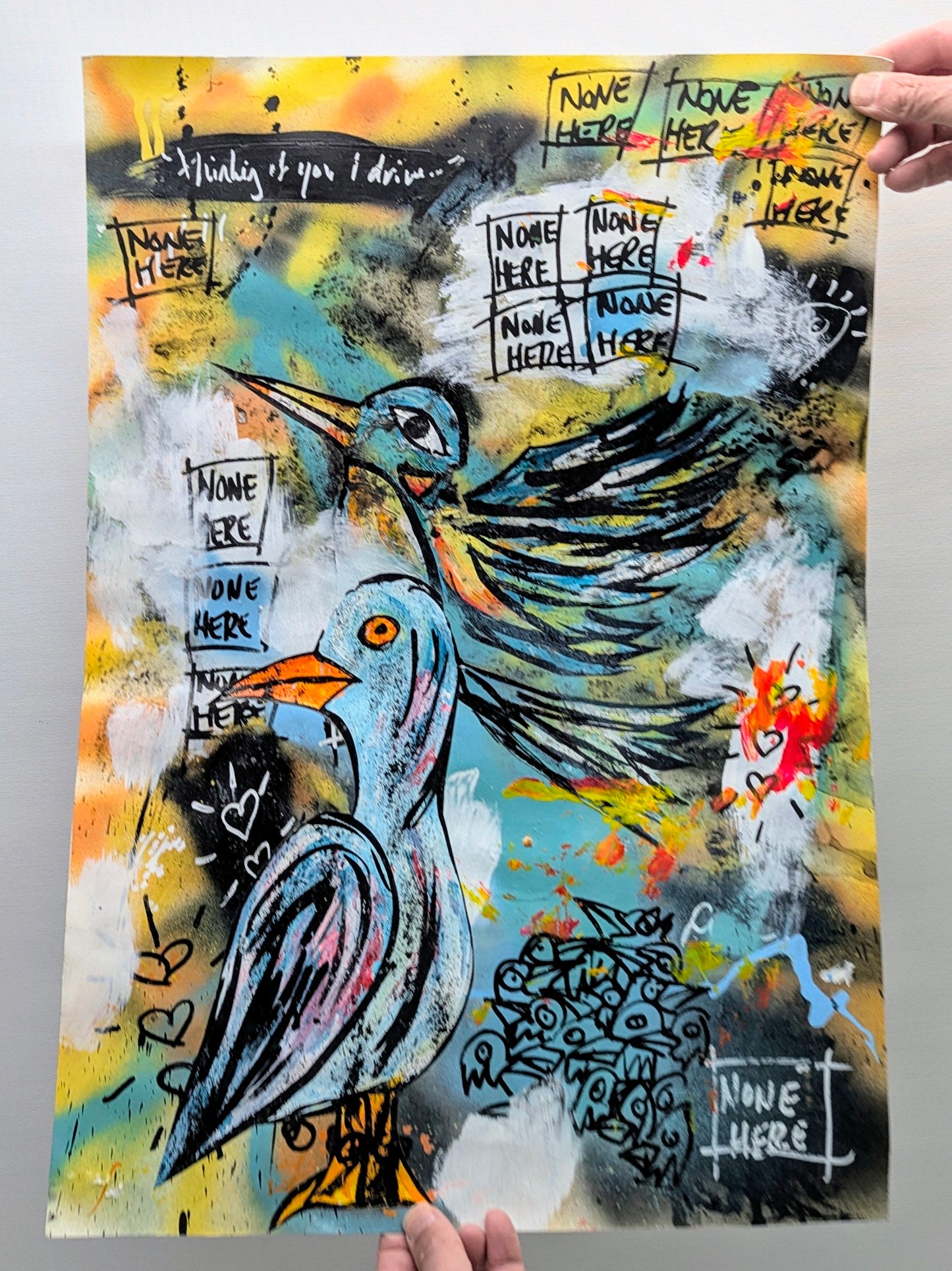 Steve McCracken none here two birds original artwork being held, artwork is of two painted cartoon style birds against an abstract background