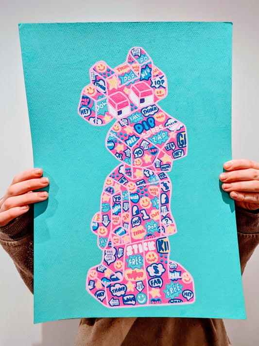 Colourful pink panther character with retro logo tattooed over image on a blue background held by two hands.