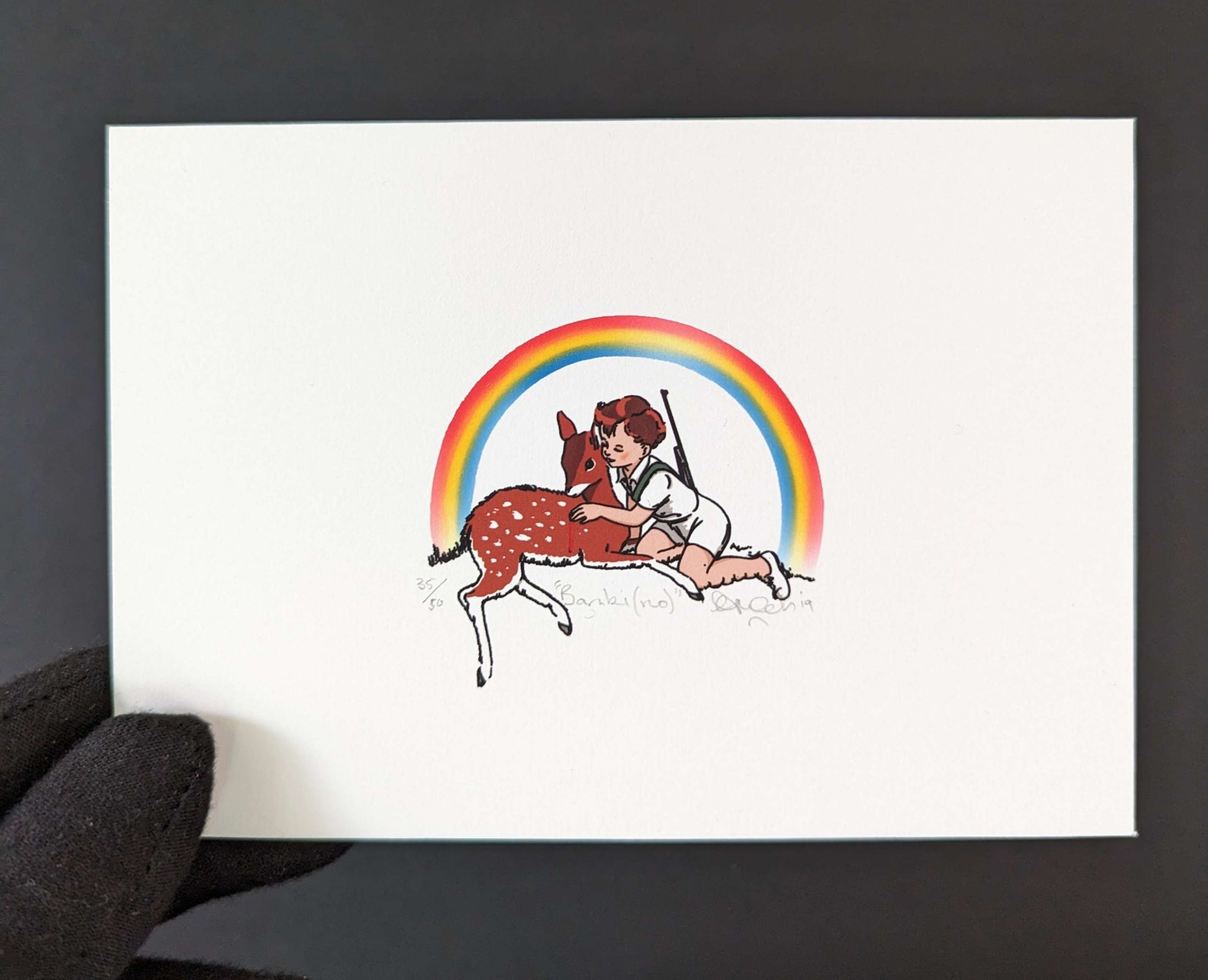 A DEER AND GIRL HOLDING A RIFLE CUDDLING, HAS BEEN DONE IN A OLD CARTOON STYLE