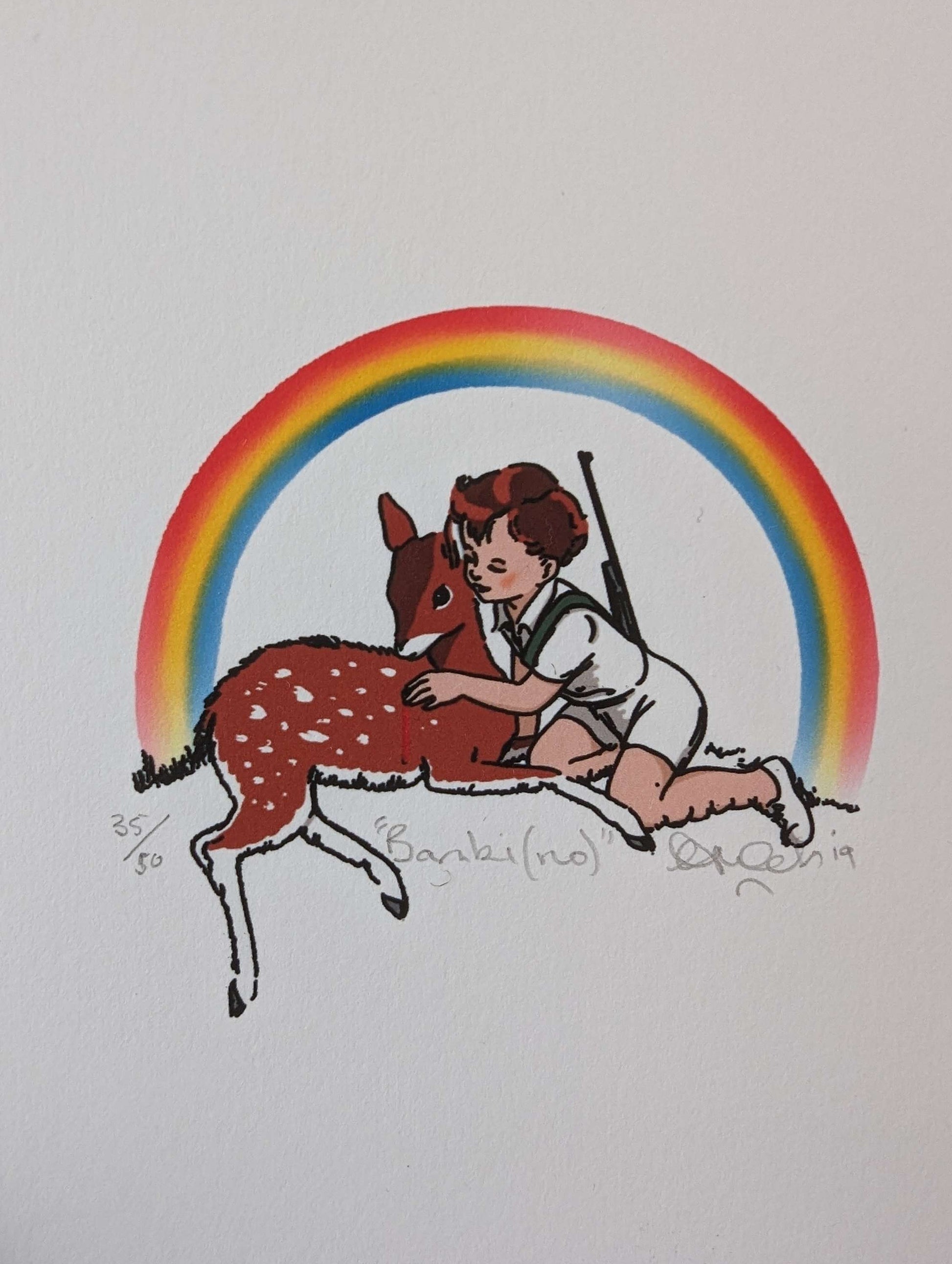 CLOSE UP IMAGE OF A CHILD WITH ARM AROUND A DEER, IN OLDER CARTOON STYLE, CHILD HAS A GUN FOR DARKER MEANING