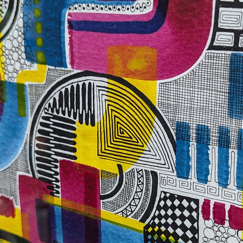 Close up of colourful doodle shades of pink, blue, yellow and black. artwork by clare capper.