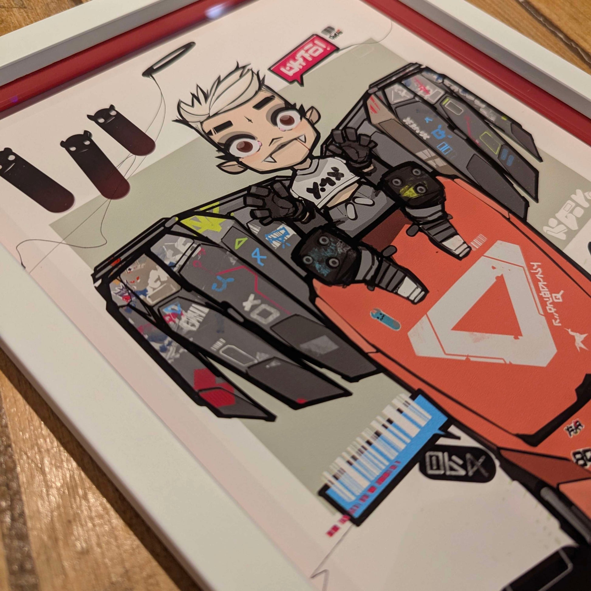 frame anime style character sat on  red robot, the character has grey wings and vampire teeth, the frame is white with a colour matching slip.