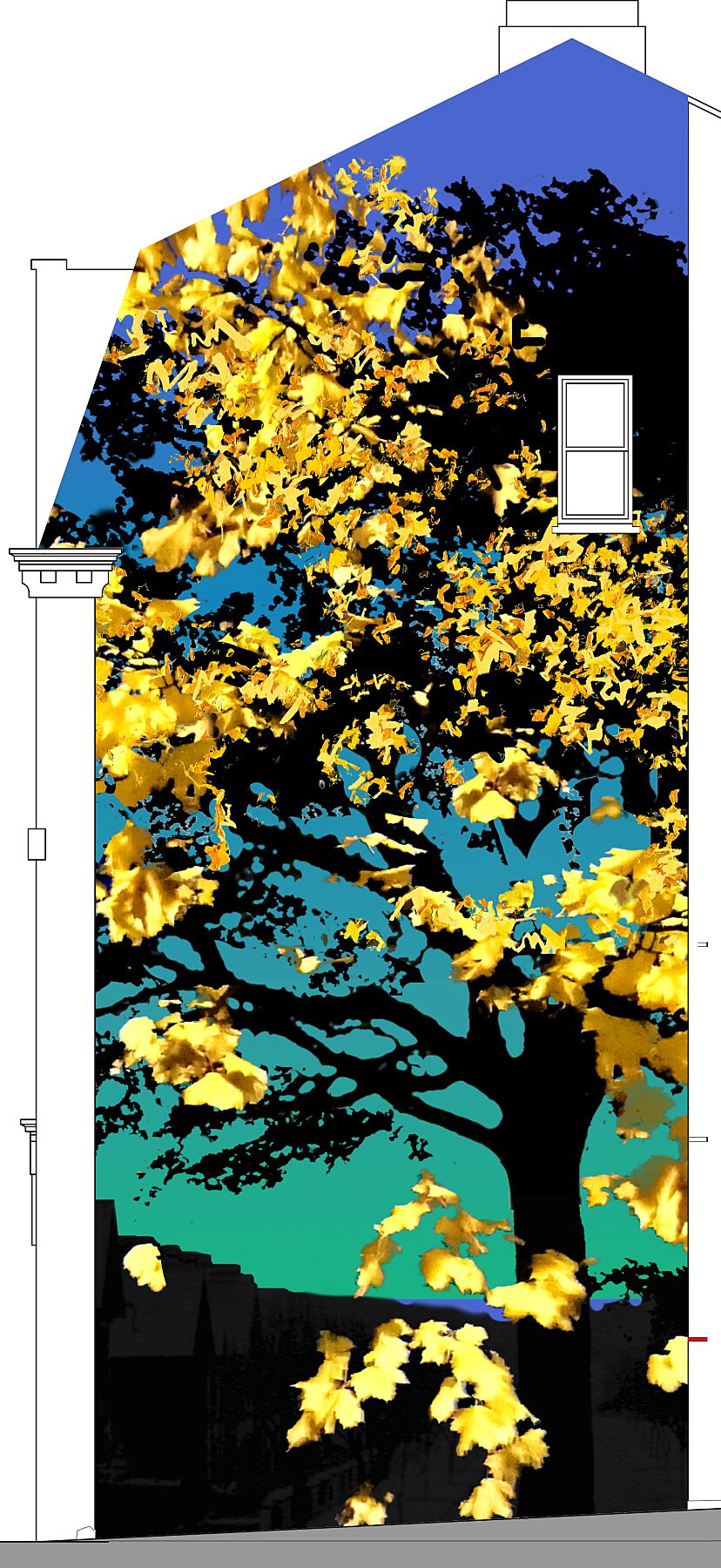 sample of golden tree with blue sky background on a technical drawing of the side of a building building