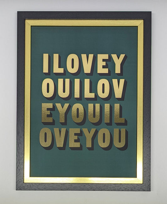 Framed Painted by Amy artwork with gold I Love You text on a green background, double frame black and gold inner