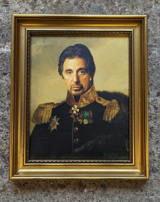 Al pacino in old war costume, framed in an ornate gold frame