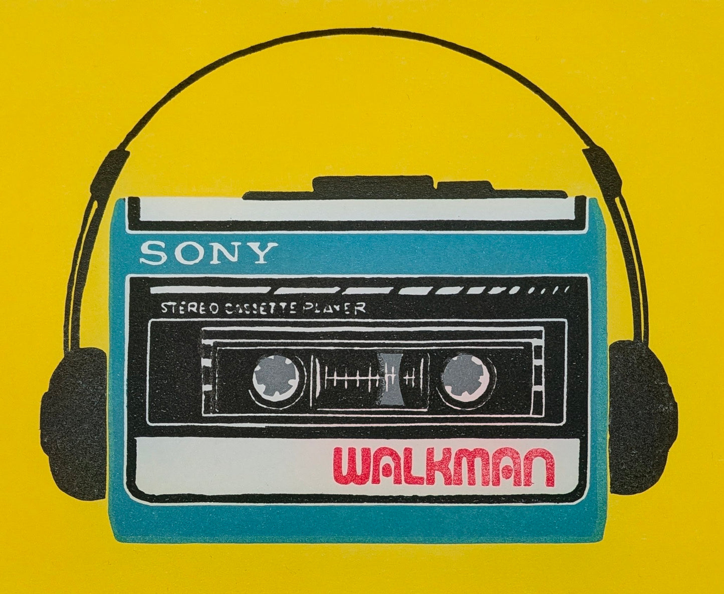A stylized graphic illustration of a Sony Walkman cassette player with black over-ear headphones on a bright yellow background.