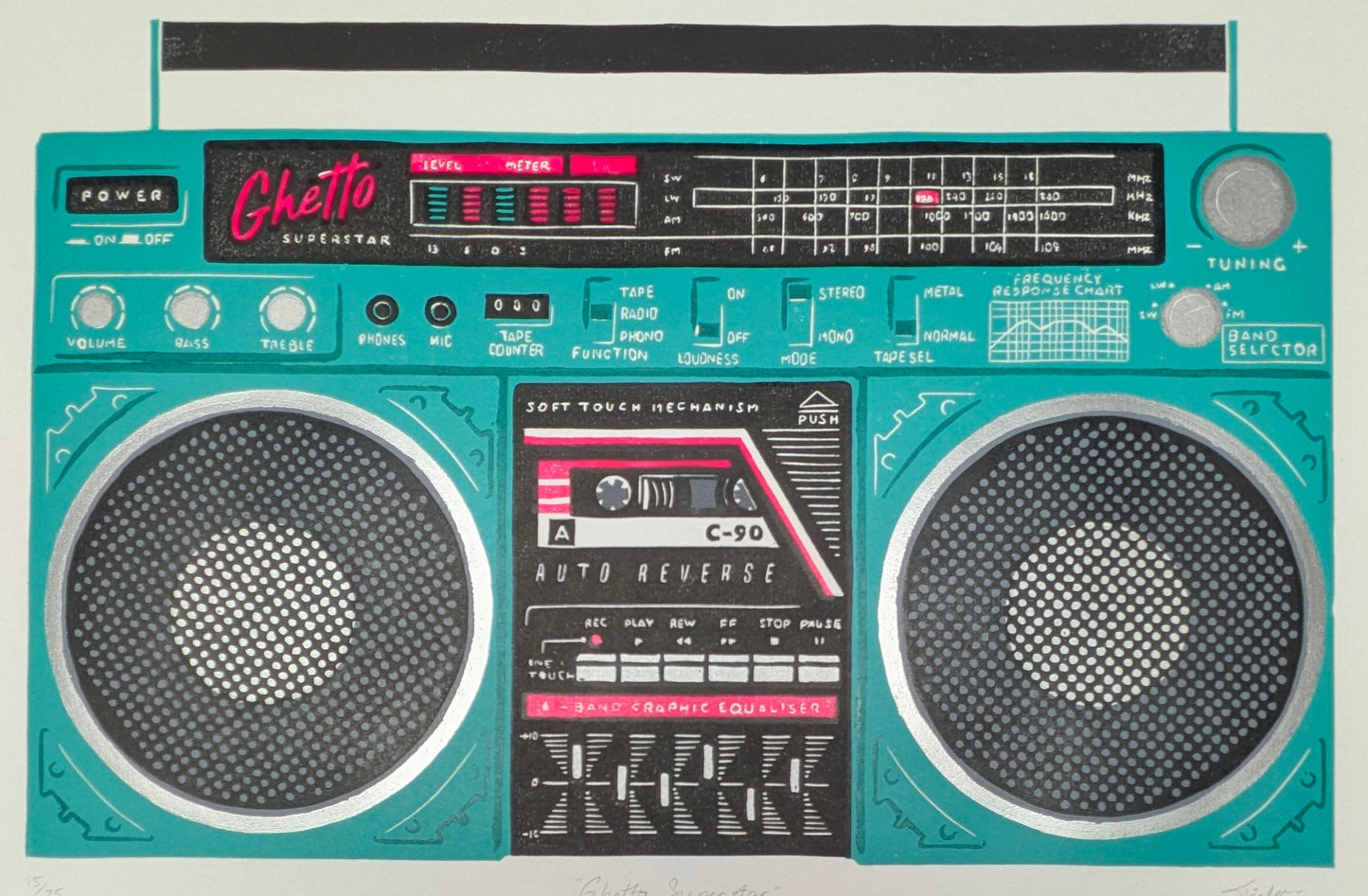 A retro-style boombox radio artwork  with a turquoise teal body, black speaker grilles, and a black control panel featuring red and pink accents. The centre panel includes a cassette deck graphic with the text 'C-90' and 'Soft Touch Mechanism.