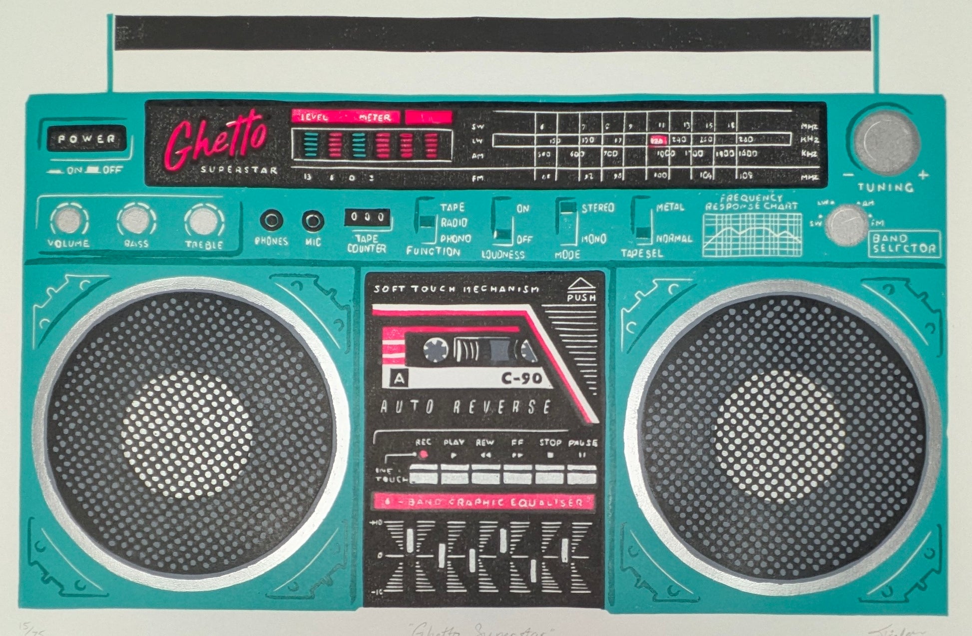 A retro-style boombox radio artwork  with a turquoise teal body, black speaker grilles, and a black control panel featuring red and pink accents. The centre panel includes a cassette deck graphic with the text 'C-90' and 'Soft Touch Mechanism.