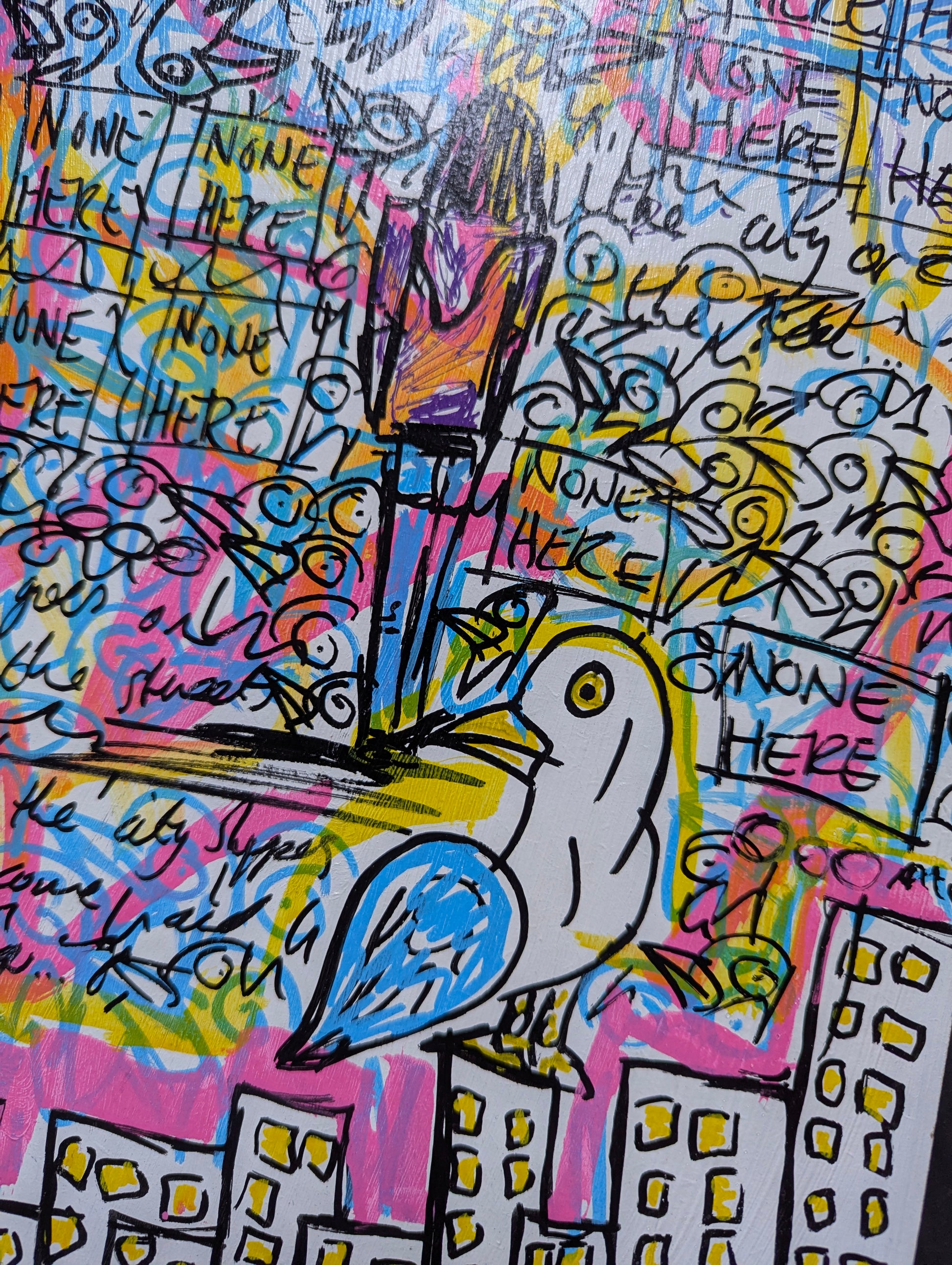 Colorful abstract artwork with a bird and text on a cityscape background