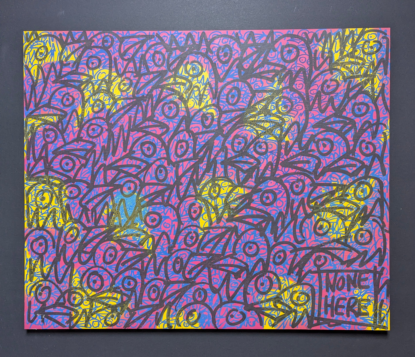 Colorful abstract artwork with 'none Here' text on a black background