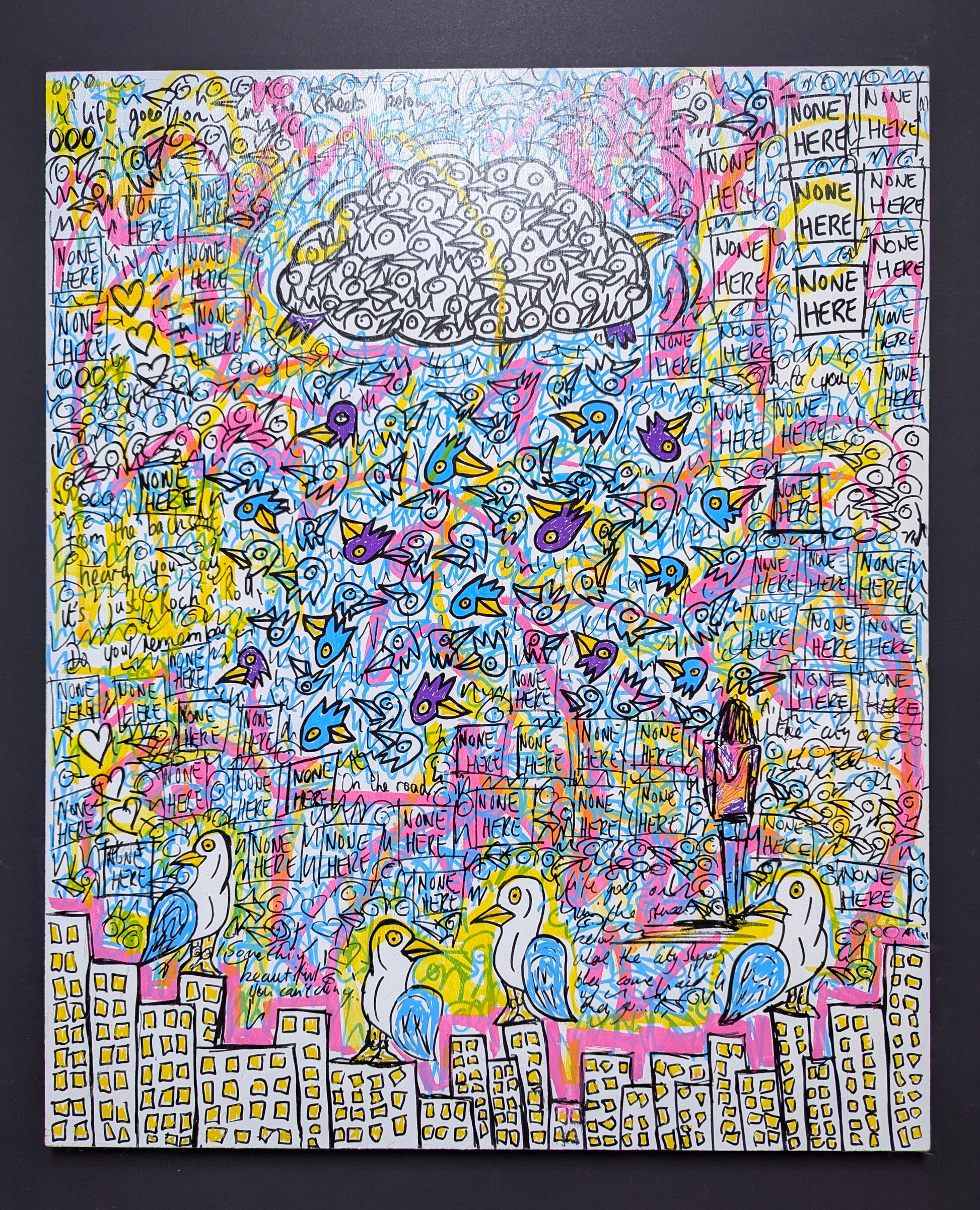 Colorful abstract artwork with various elements on a black background