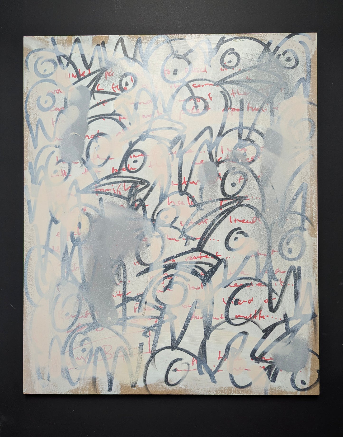 Doodle bird heads black and red pen on white board, black background 