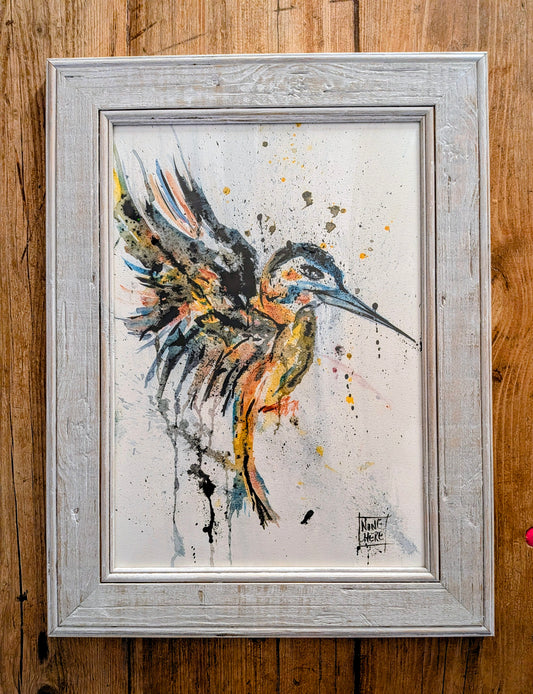 Kingfisher bird watercolour in driftwood style frame against a wood background 