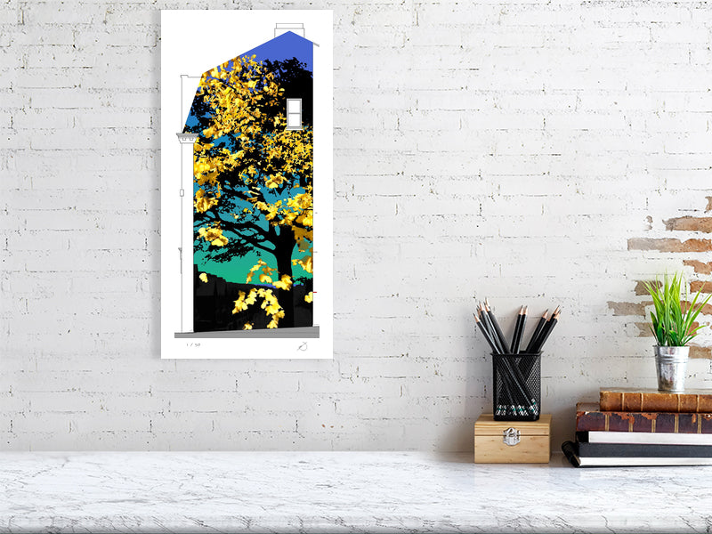 golden tree with blue sky background on a technical drawing of the side of a building building print in white office space