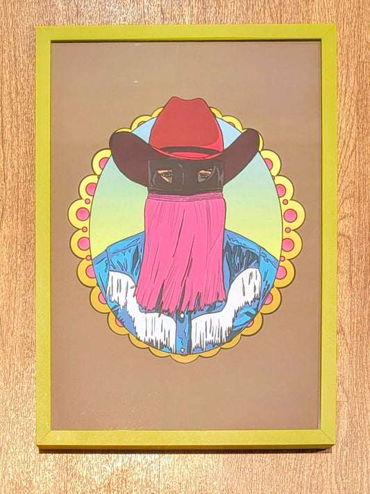 cowboy wearing a red hat and covered face in green picture frame